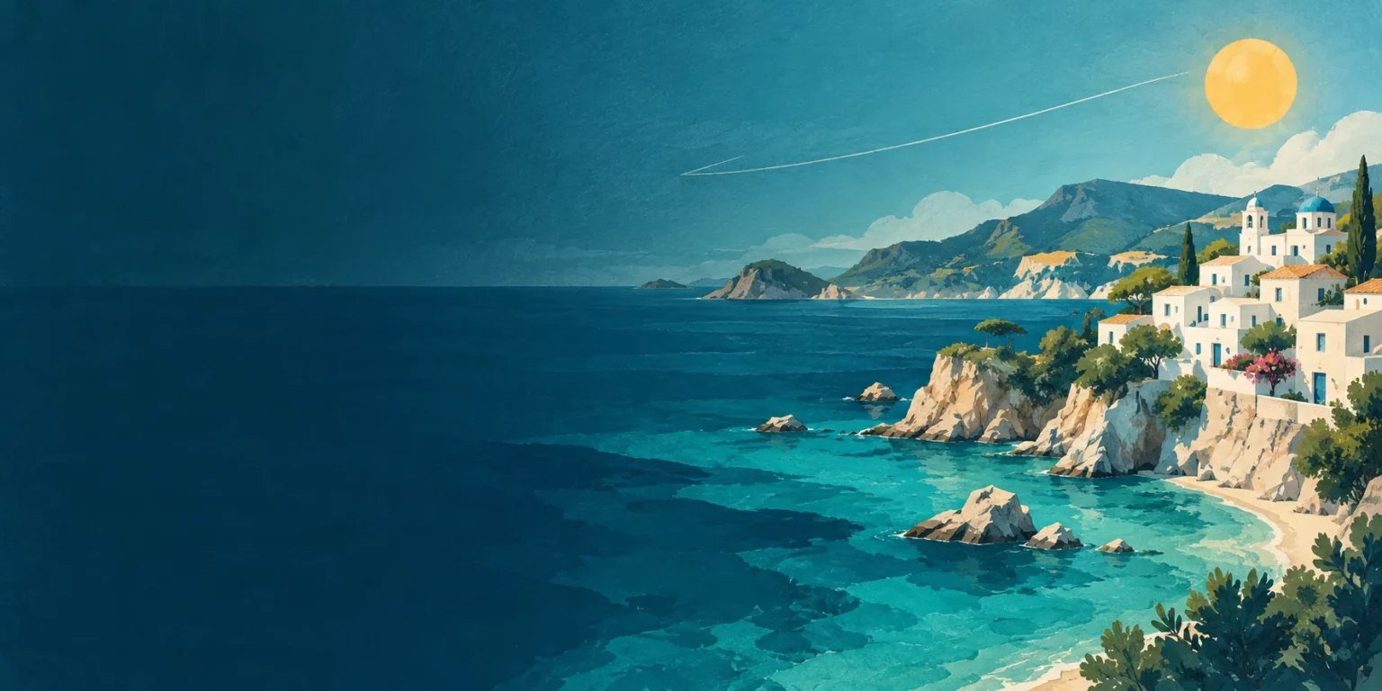 Illustratie van een zonnige kust met een vliegroute en een opkomende zon